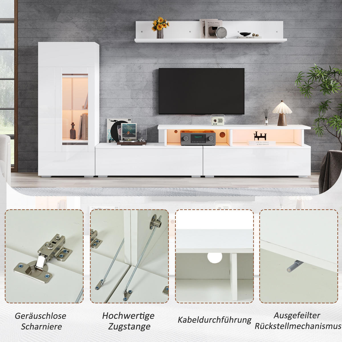 WOHNWAND 3-teilig LED Hochglanz Weiß TV Schrank - Weiß, Holzwerkstoff (170/45/35cm) - FLIEKS