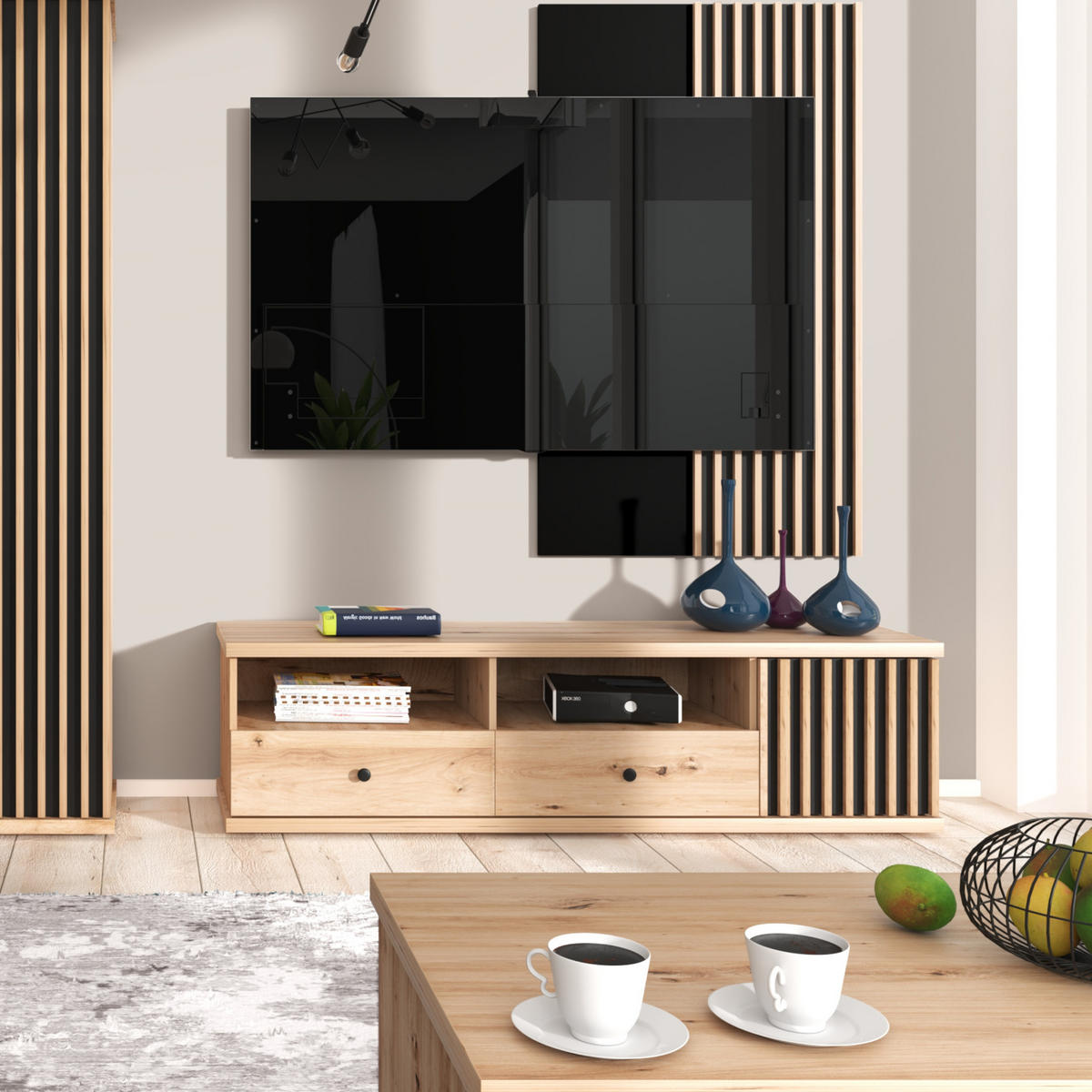 TV-ELEMENT NAKUSP C6 Lamellen Eiche Artisan - Schwarz/Eiche Artisan, Glas/Holzwerkstoff (161/44/41cm) - Komodee