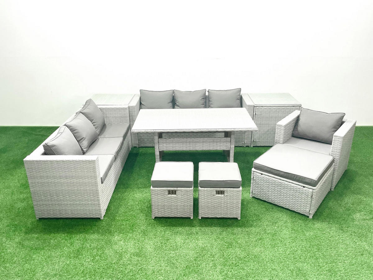 GARTENMÖBEL SET mit 3-Sitzer-Sofa und Sessel, Esstisch,3 Hockern,2 Beistelltischen Polyrattan Hellgrau 10-Sitzer - Hellgrau/Grau, Glas/Kunststoff - Fimous
