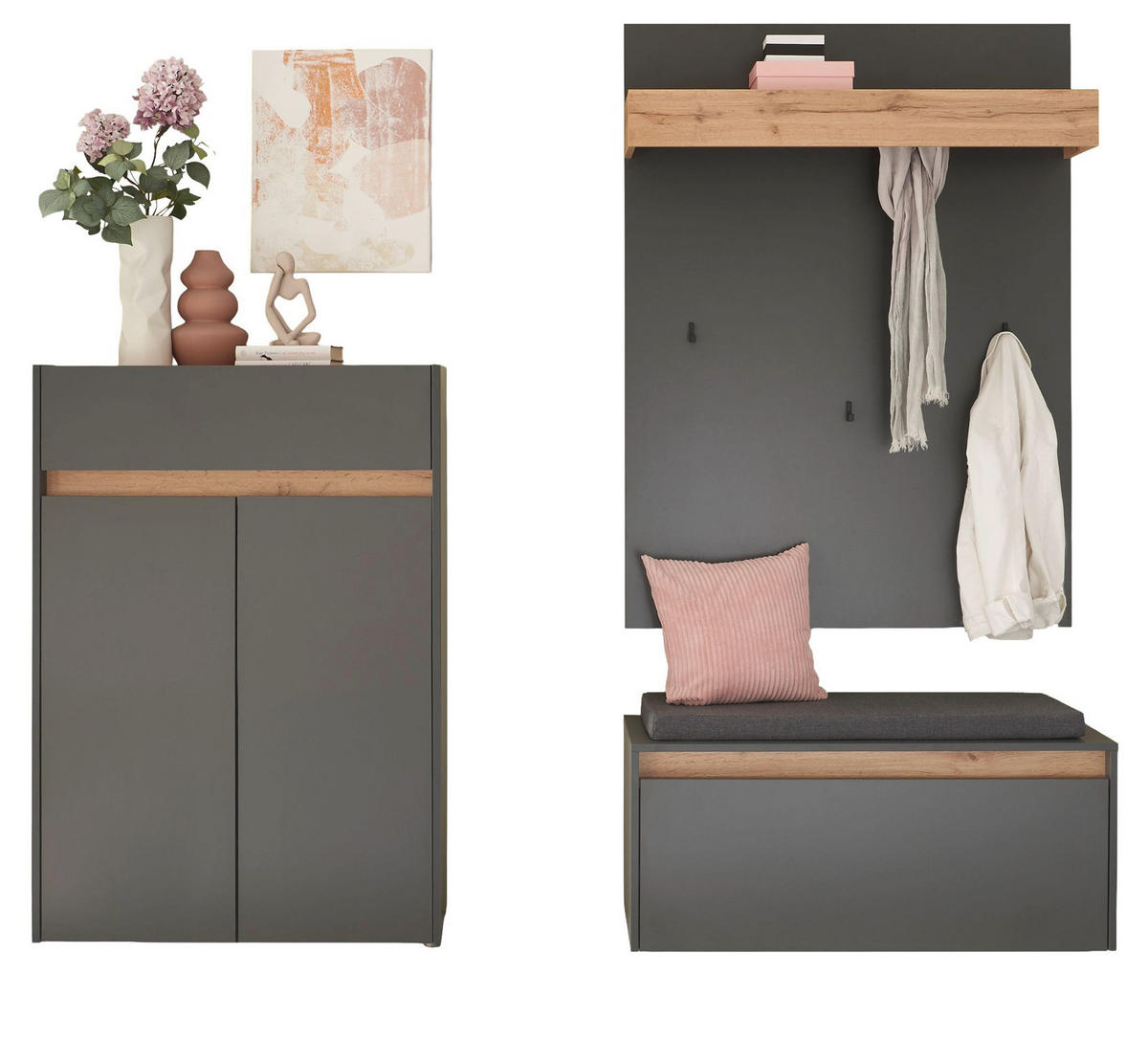 GARDEROBEN-SET grau matt, Eiche Wotan 4-teilig 195 cm, Sitzbank inklusive Sitzkissen - Eiche Wotan/Schwarz, Holzwerkstoff/Kunststoff (195/200/40cm) - Furn.Design