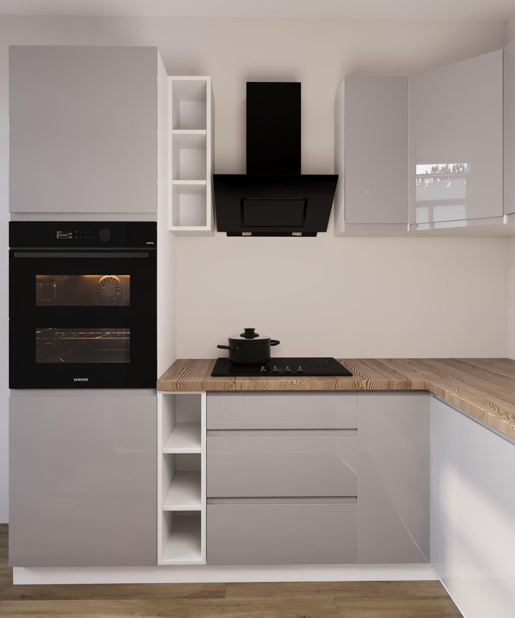 ECKKÜCHE 230 x 320 × 230 cm- Aspen K102-M780 - in Grau/Hochglanz - Grau, Holz/Holzwerkstoff (320/212/230cm)