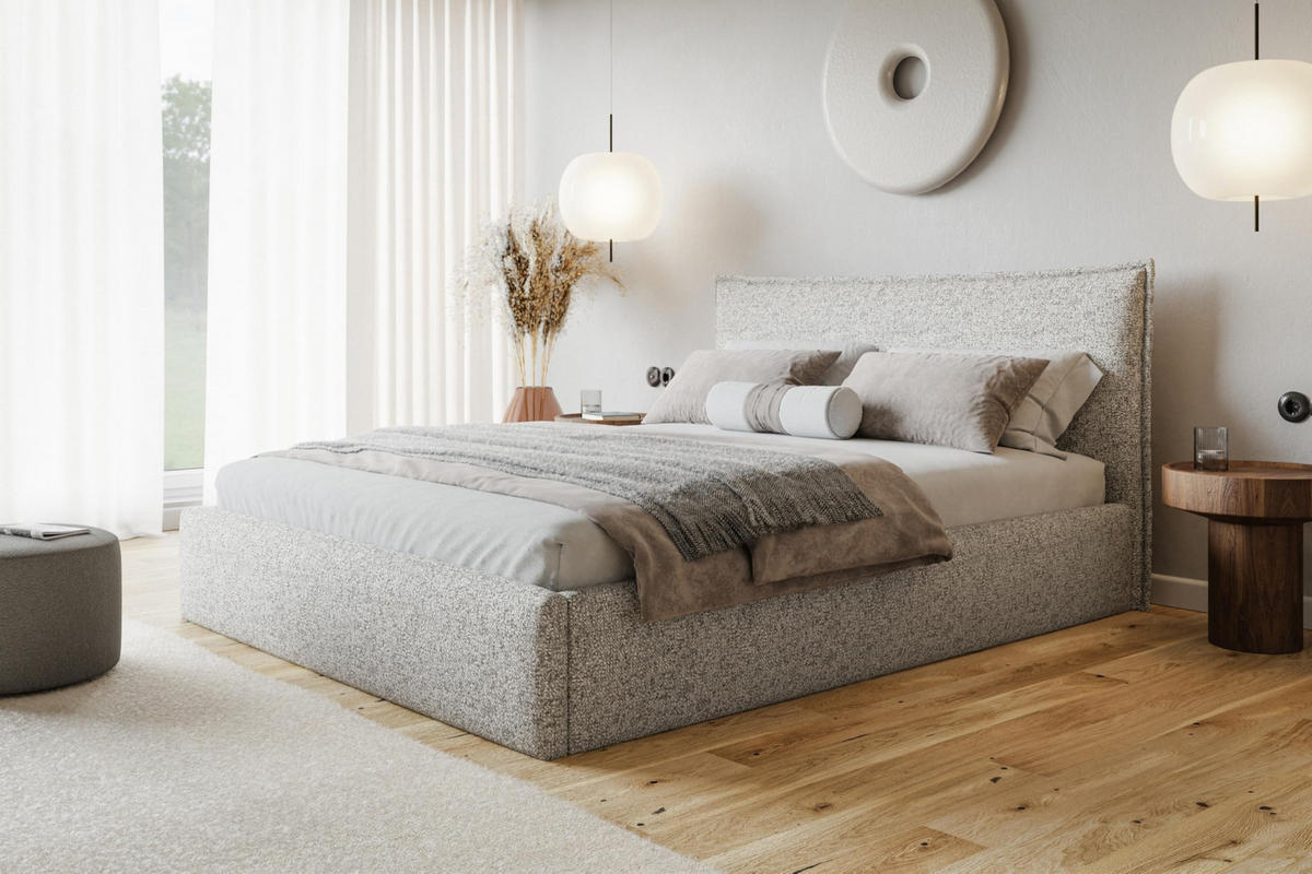 BETT 90x200 - Polsterbett mit Bettkasten und Holzrahmen - Modern Betten - Eleganter Puente-Stoff - Kollektion Rimini - Beige Melange - Beige, Holz/Textil (90/200cm) - Alpi-Möbel