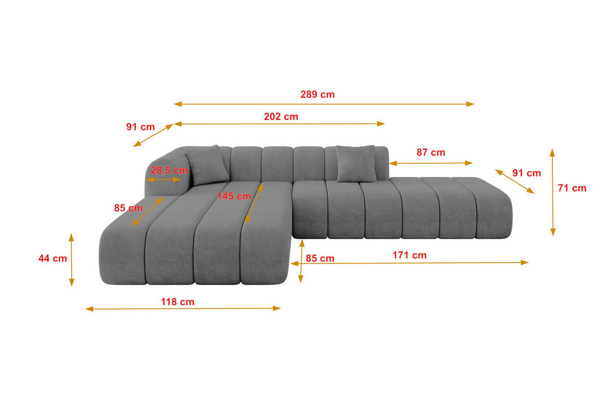 ROHOVÁ SEDAČKA s otomanem, levá BILA-L 289x176x71 Šedá Velur - šedá/černá, kompozitní dřevo/textil (176/289cm) - ALTDECOR