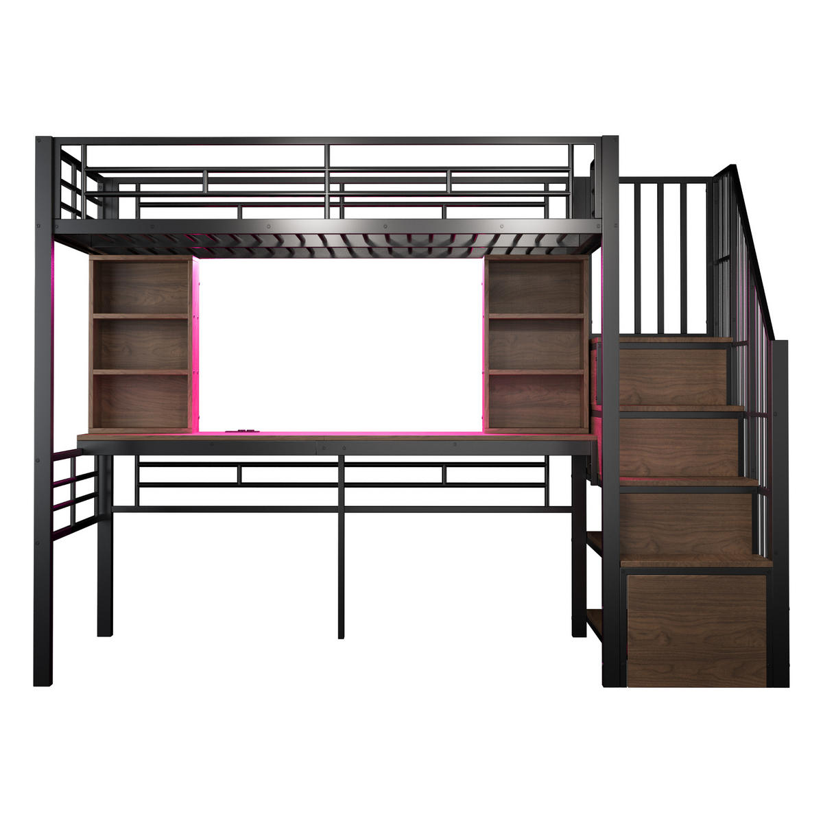 HOCHBETT 90/200 cm DE-01533, in Schwarz, mit Schreibtisch, Steckdose, LED und Stauraumtreppe - Schwarz, Metall (90/200cm) - ComfortXL