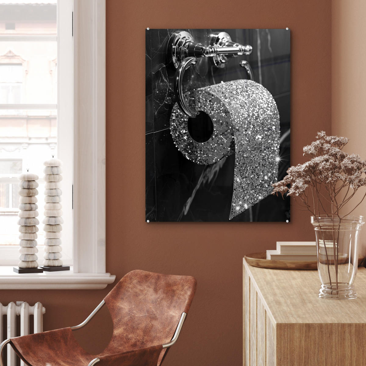 ACRYLGLASBILD WC - Toilettenpapier - Schwarz und weiß - Glitter 60x80 cm - Silberfarben, Glas (60/80cm) - MuchoWow