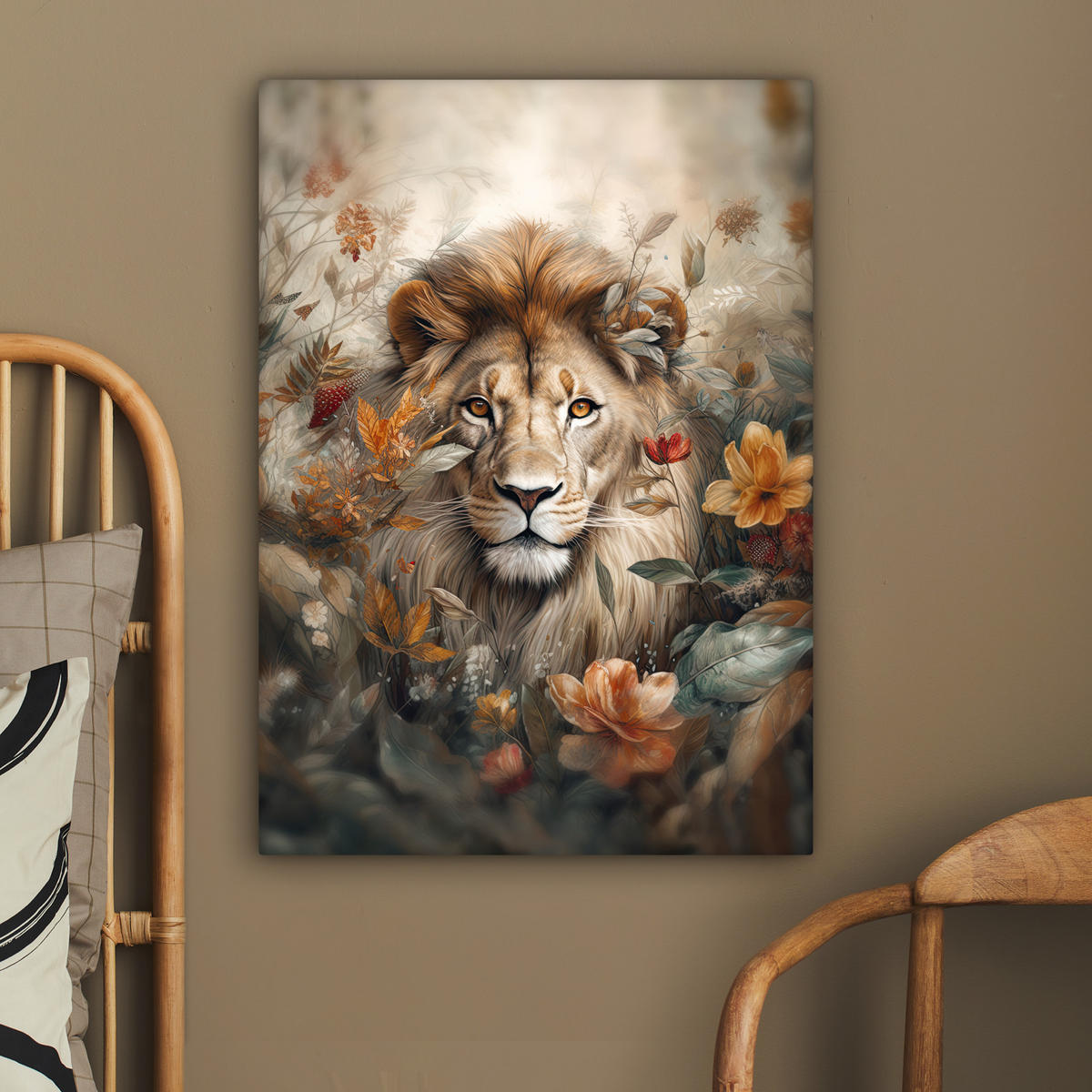 LEINWANDBILD Löwe - Wildtiere - Pflanzen - Natur - Blumen 60x80 cm - Beige, Textil (60/80cm) - MuchoWow