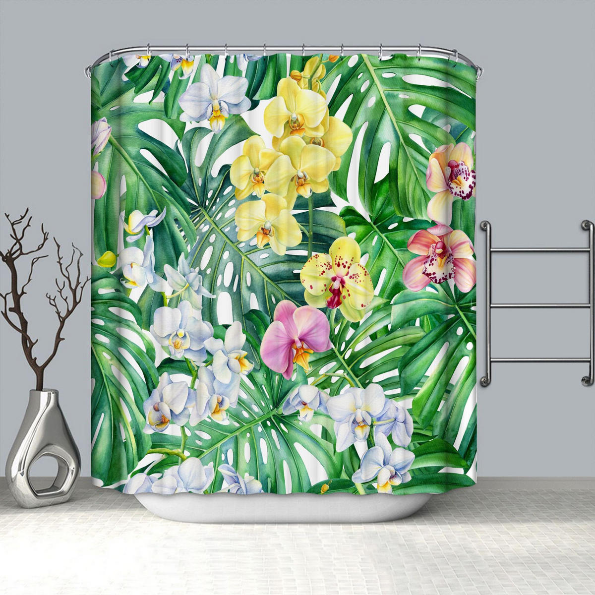 DUSCHVORHANG Grün Blumen und Blätter floral Pflanzen Muster mit Haken schimmelresistent - Multicolor, Kunststoff (180/180cm) - MCBOSON