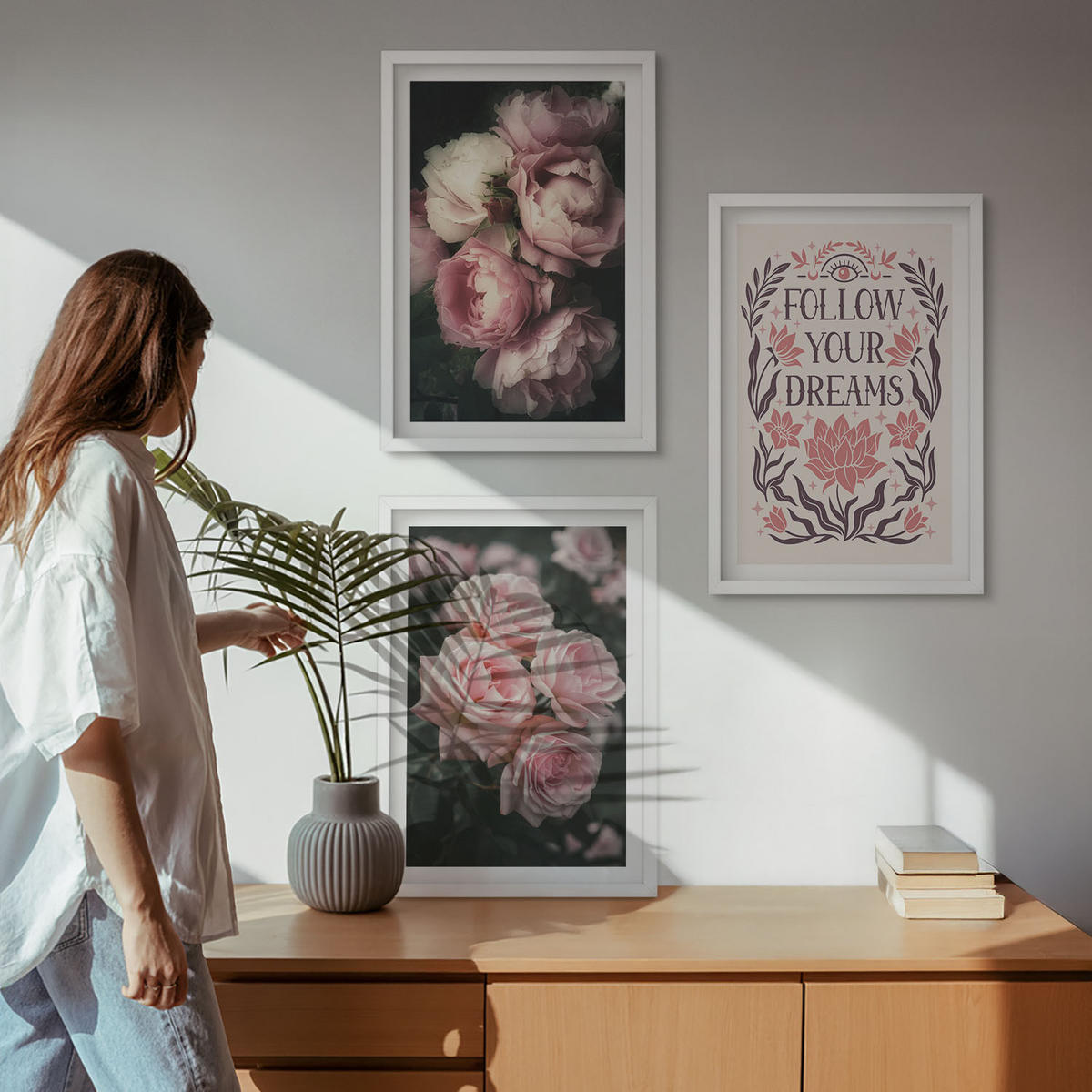 BILDER SET 3er Set - 40x60 cm Weißer Rahmen - Vintage-Rosenträume-Inschrift - Weiß, Kunststoff (40/60cm) - TULUP