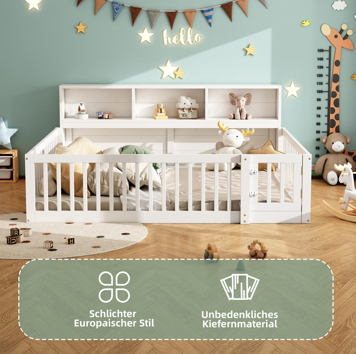 KINDERBETT Tagesbett 140/200 cm aus Kiefernholz mit Stauraum und rundum Geländer Weiß - Weiß, Holz (140/200cm) - Modenvie