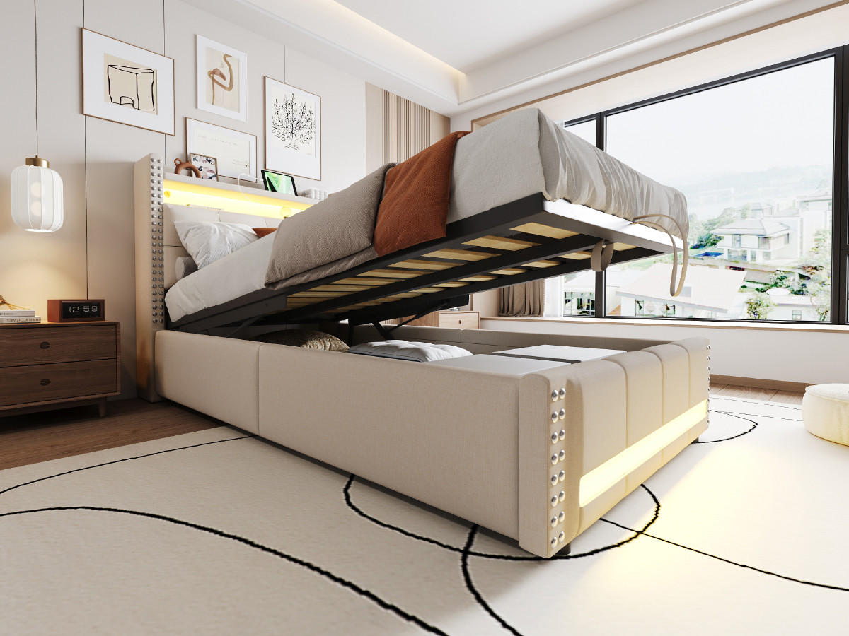 KINDERBETT 90x200 cm LED USB Stauraum beige - Beige, Textil (90/200cm) - LEBENLANG