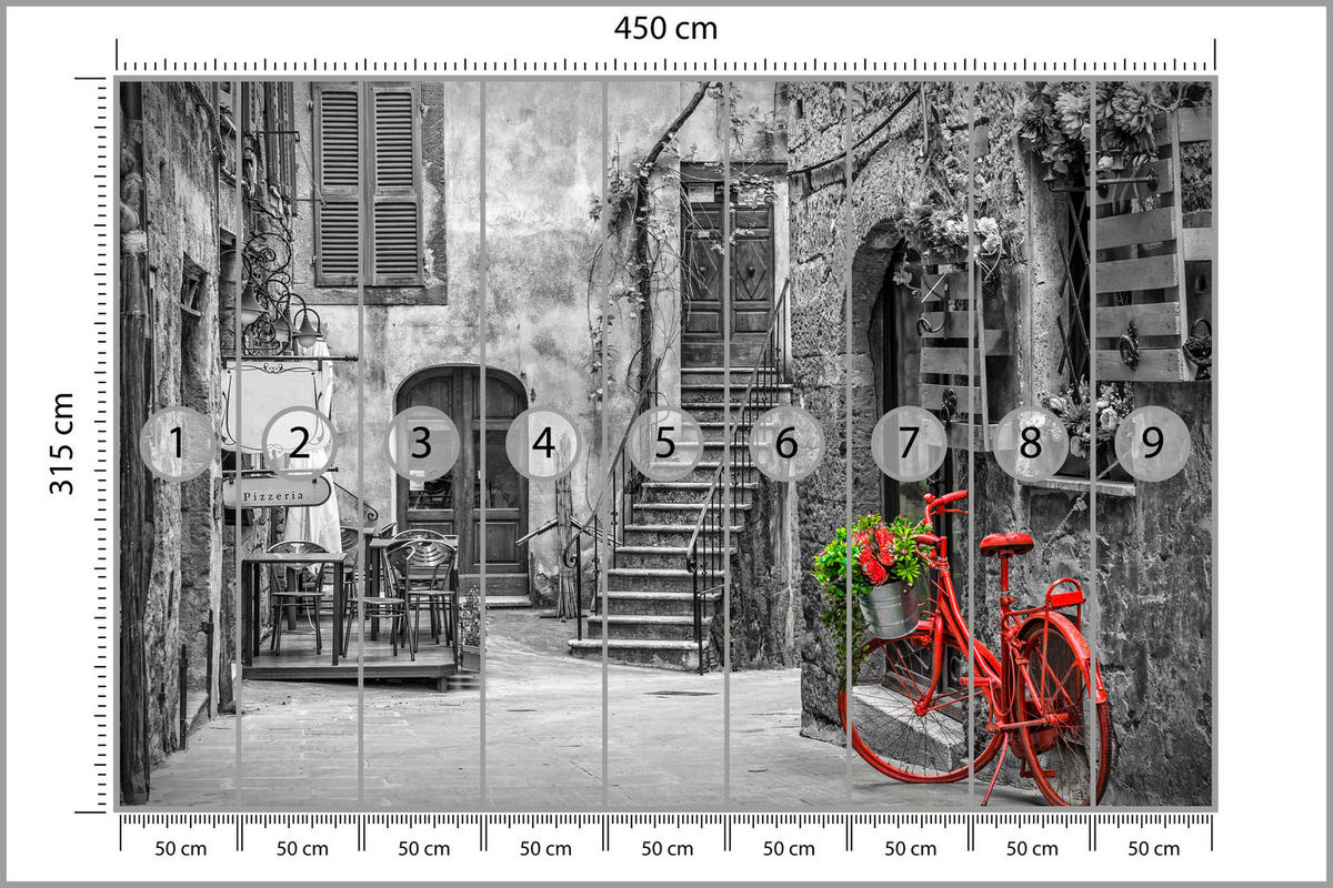FOTOTAPETE für Wohnzimmer Italienische Gasse Rotes Fahrrad Toskana 450x315 - Rot/Schwarz, Papier (450/315cm) - Muralo