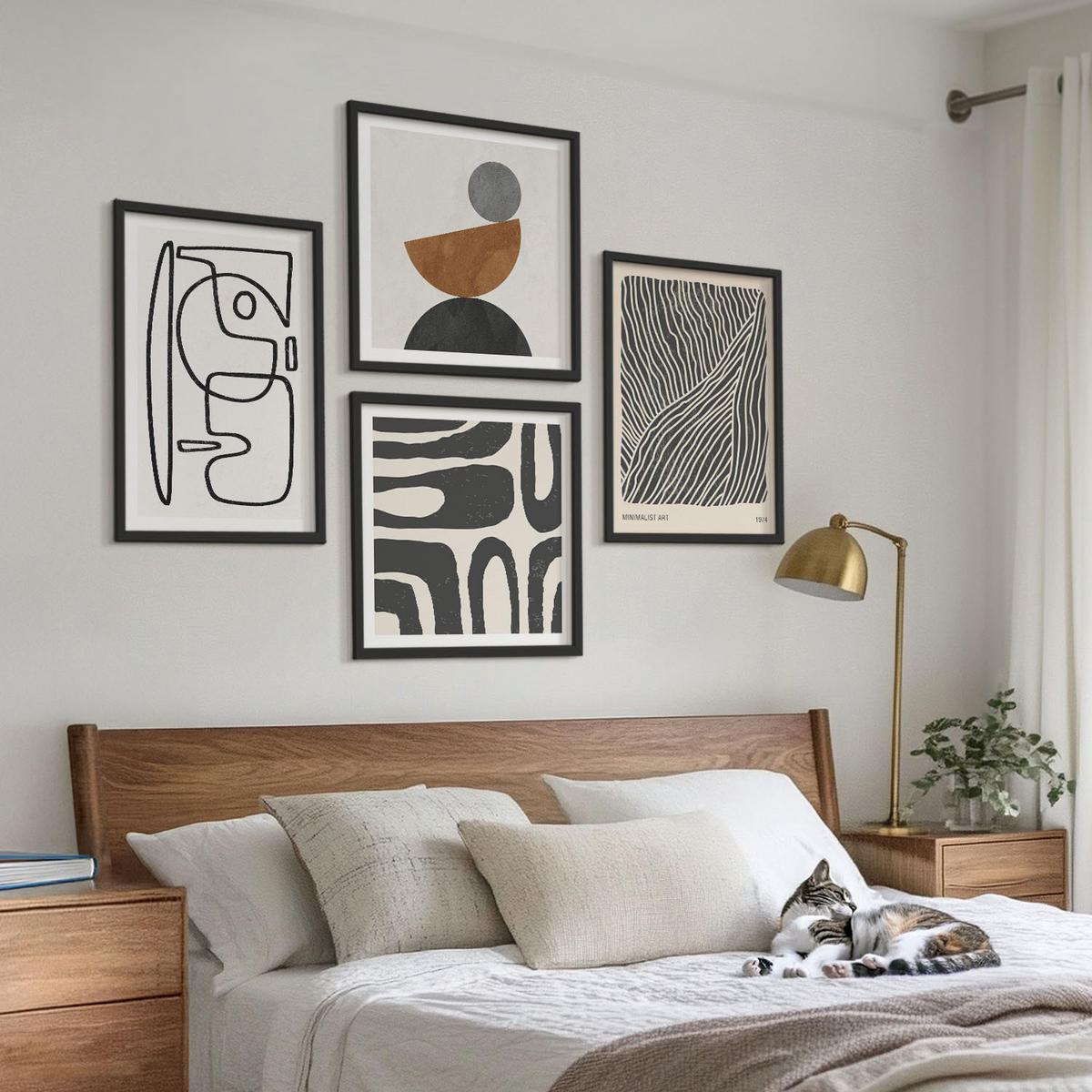 WANDBILDER 4er-Set - 50x50 cm & 40x60 cm Schwarzer Rahmen - Abstrakte Muster mit Linien - Schwarz, Kunststoff (50/50cm) - ArtPrintCave