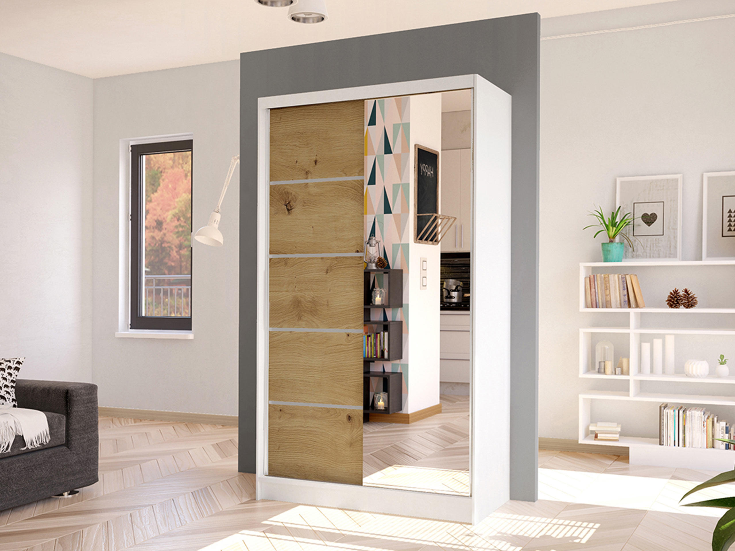 SCHWEBETÜRENSCHRANK Diego III - Weiß/Eiche Artisan, Holzwerkstoff/Metall (100/200/58cm) - MIRJAN24