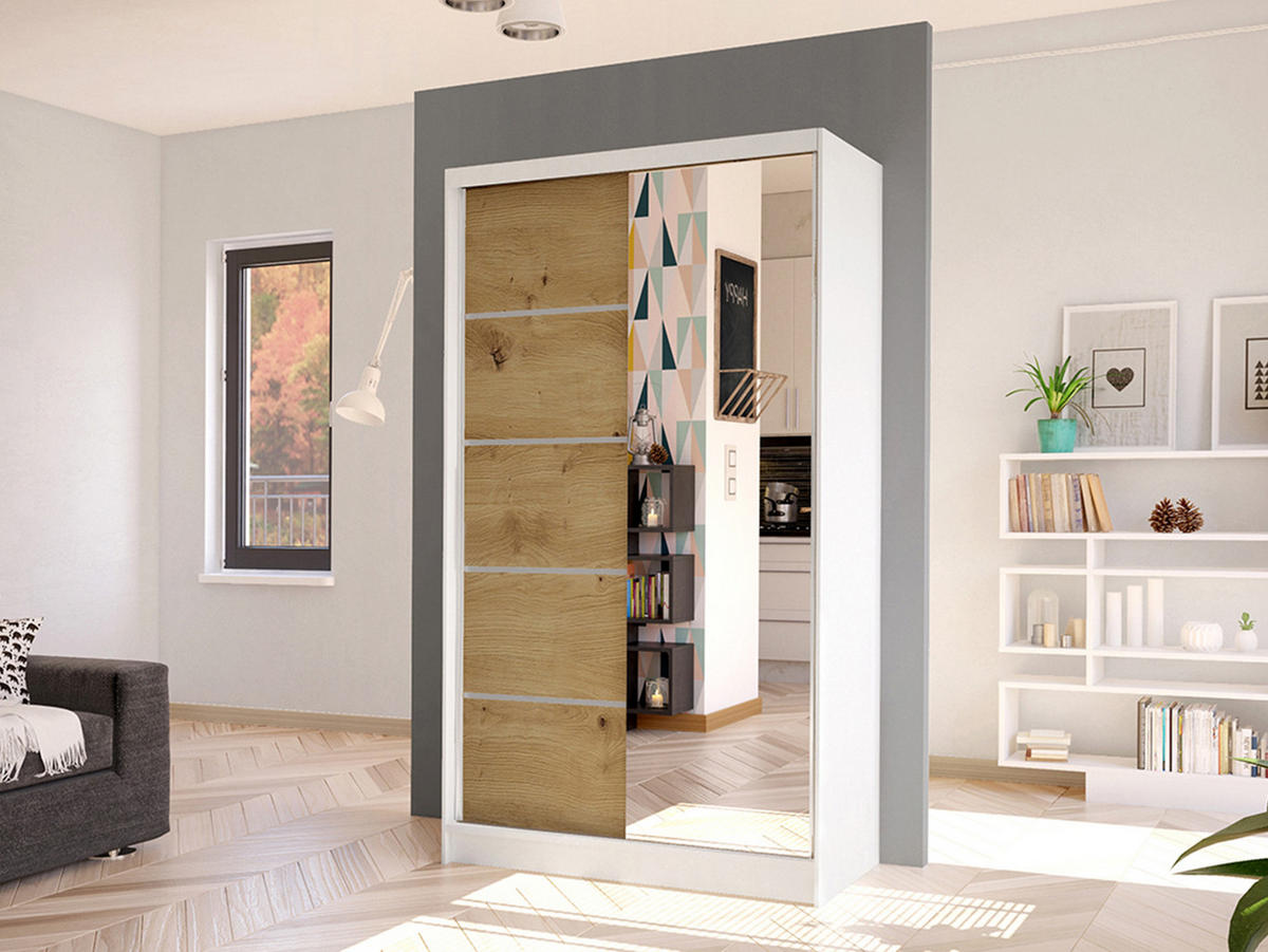 SCHWEBETÜRENSCHRANK Diego III - Weiß/Eiche Artisan, Holzwerkstoff/Metall (100/200/58cm) - MIRJAN24