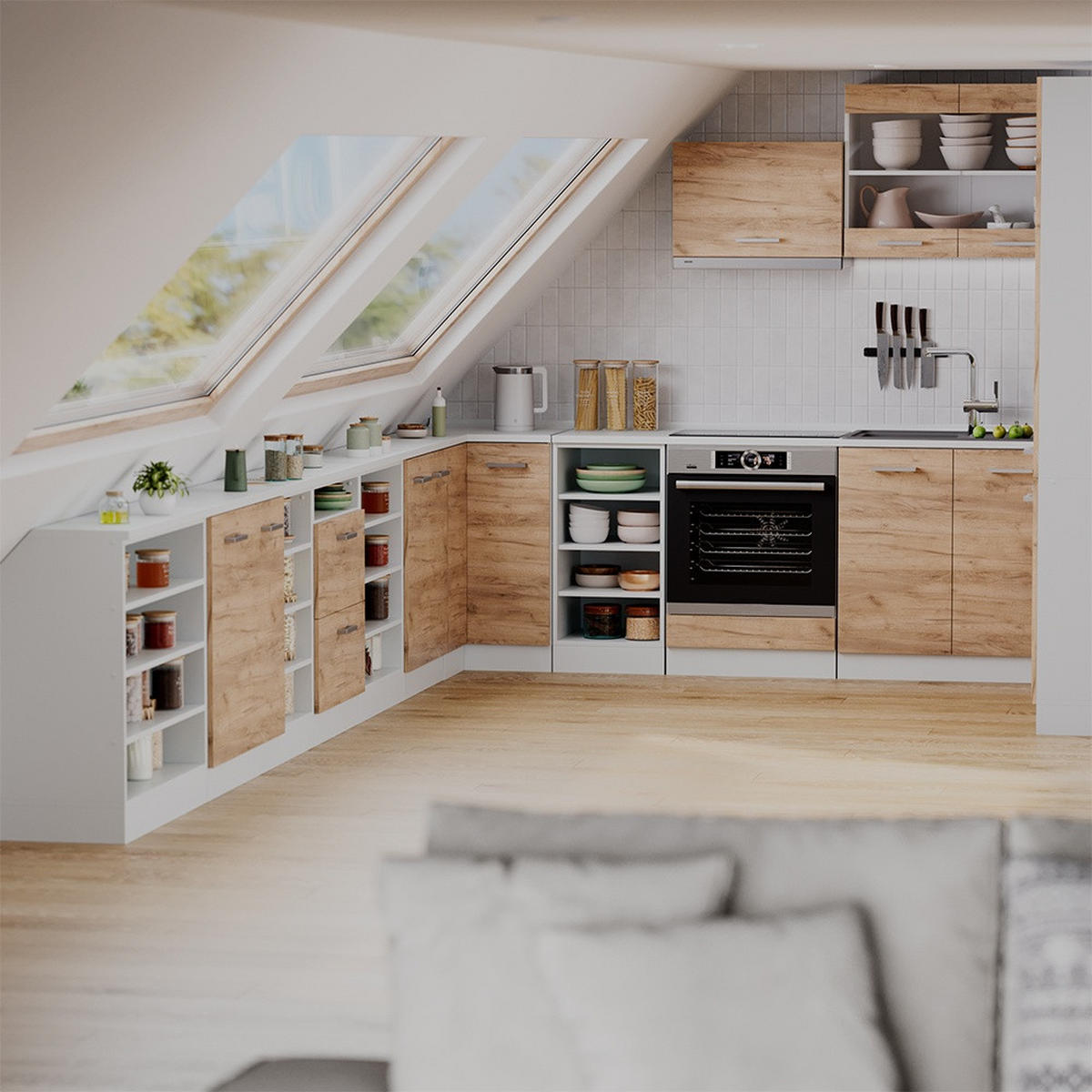 KUHINJSKA OMARA ZA POŠEVNE STREHE R-Line Zlati hrast z močjo 120 cm Komplet 2 korpusov omare globina 60 cm - bela/medeni hrast, leseni material (120/83.8/60cm) - Vicco