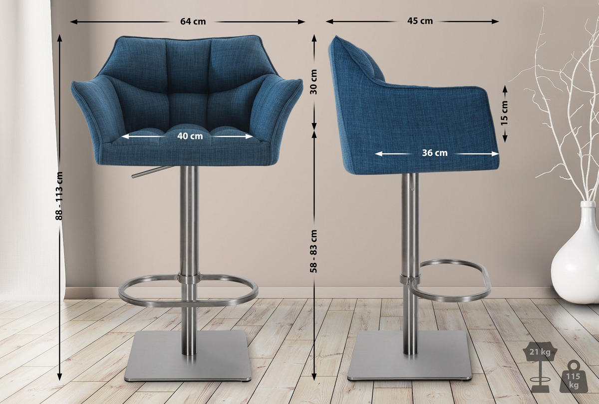 BARHOCKER 2er Set Damaskus Stoff edelstahl blau - Blau/Edelstahlfarben, Textil/Metall (64/110/48cm) - TPFLiving