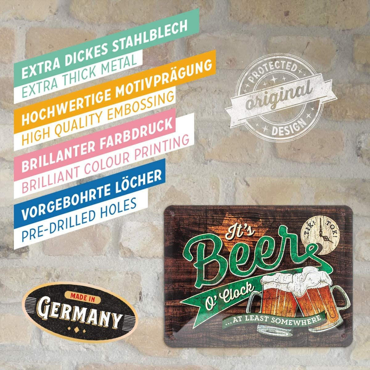 BLECHSCHILD 15/20 cm Open Bar It's Beer O' Clock - Multicolor, Metall (20/15/0.5cm) - Nostalgic-Art
