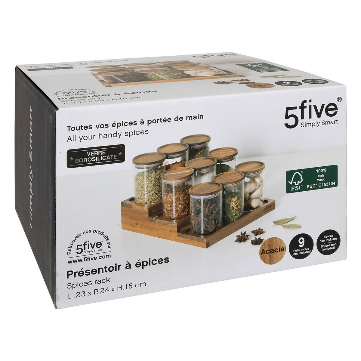 GEWÜRZREGAL Harmony, mit 9 Gläsern, Akazie / Glas, Braun - Braun, Holz (23/15/24cm) - 5five Simply Smart