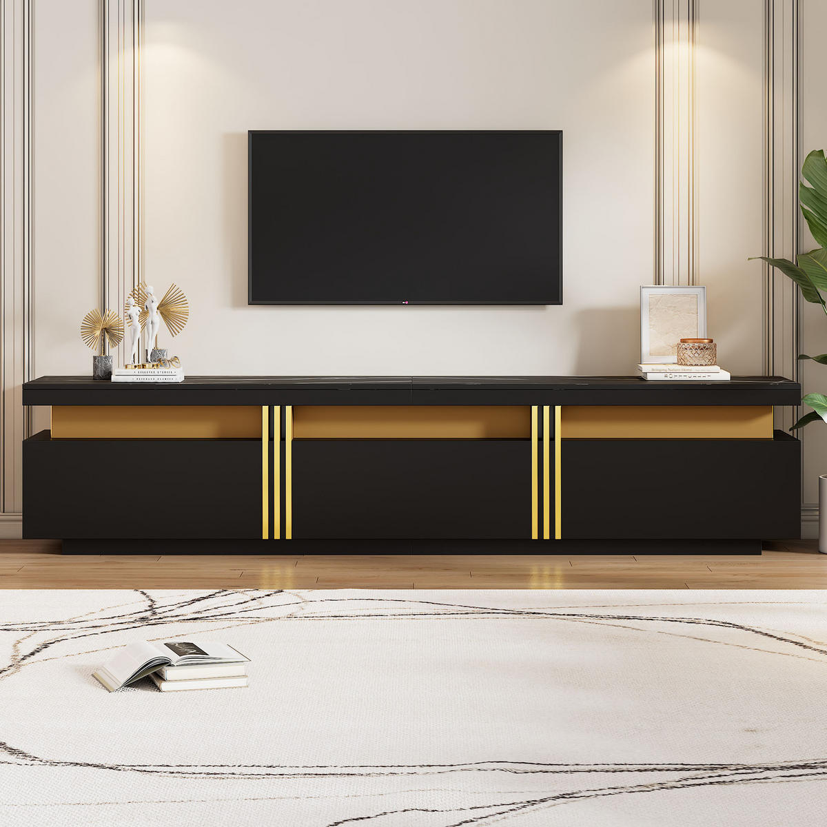TV-LOWBOARD Marmoroptik Schwarz 200/40/42 cm - Schwarz, Holz (200/42/40cm) - PANGIVO