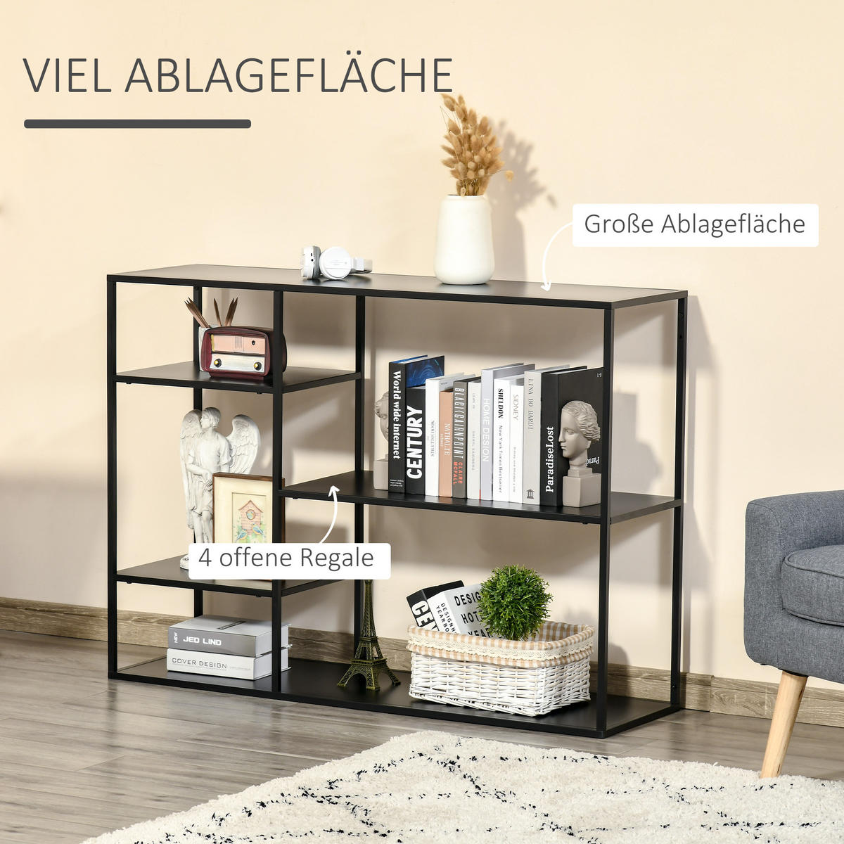 STANDREGAL, Bücherregal, Schwarz - Schwarz, Metall (35/87.5/120cm) - HOMCOM