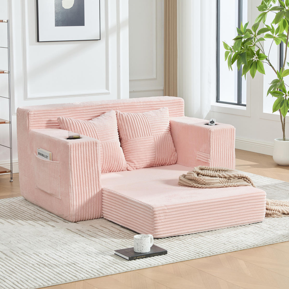 SCHLAFSOFA 2-in-1 mit Hocker, 2 Kissen und Becherhalter, DE-42913, Rosa - Pink, Textil (133/64/87cm) - ComfortXL