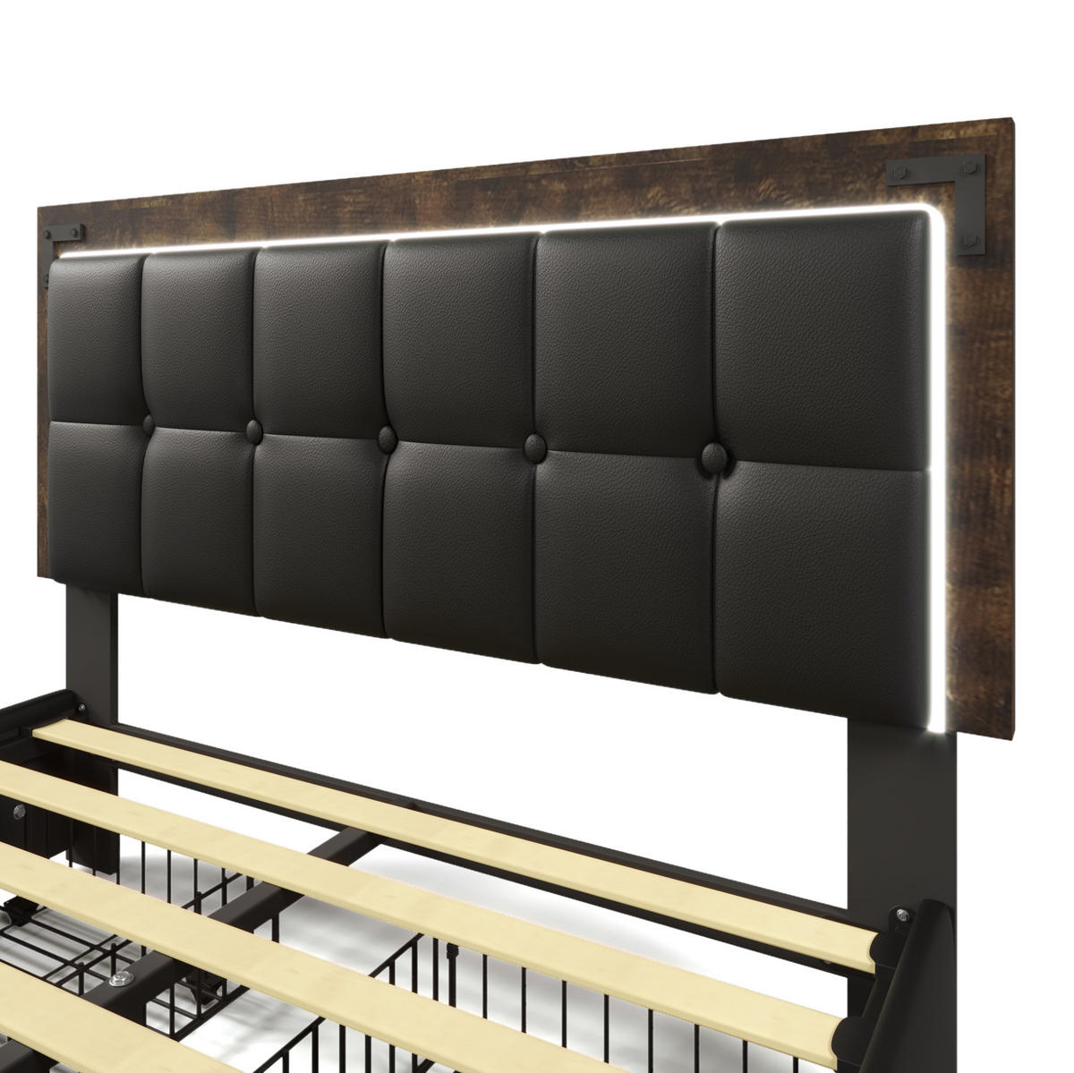 TAPECIRANI krevet od PU umjetne kože 140x200 cm crni s LED rasvjetom, 4 ladice i podesivim uzglavljem - crna, koža (140/200cm) - Modfu