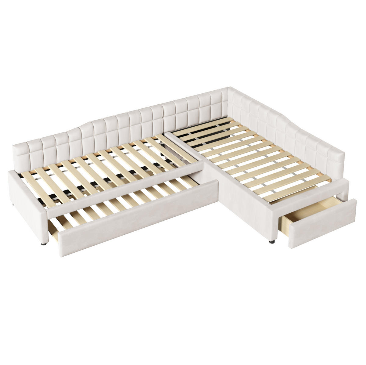 L-FÖRMIGES Polsterbett 90x200 cm in Beige mit Ausziehbett und Schubladen - Beige, Textil (90/200cm) - IVMEU