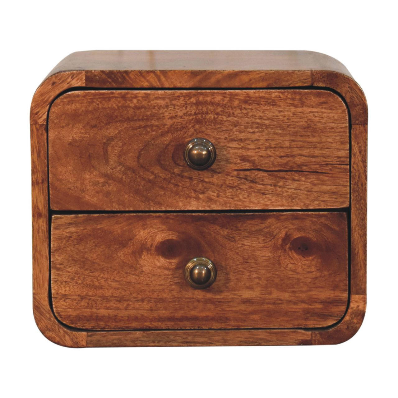 NACHTKASTEN Mini Geschwungen Honigkaramell Wandmontiert, 2 Schubladen, Dunkelbraun - Cognac/Messingfarben, Holz/Metall (30/25/25cm) - Artisan Furniture