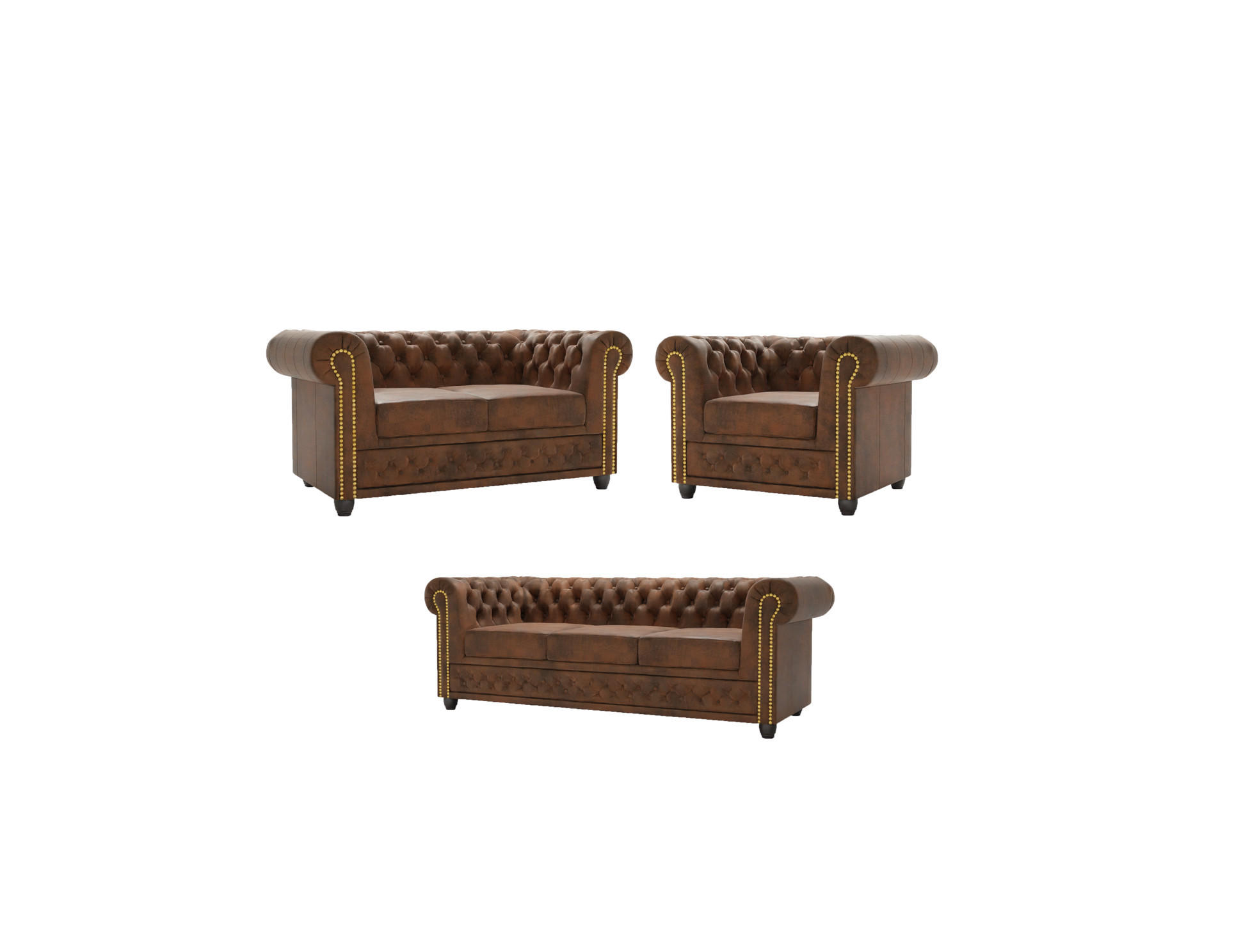 SITZGARNITUR mit Schlaffunktion 3+2+1 Chesterfield Flux Braun Microfaser Vintageoptik - Braun, Holz/Textil (203/72/86cm) - S-Style Möbel