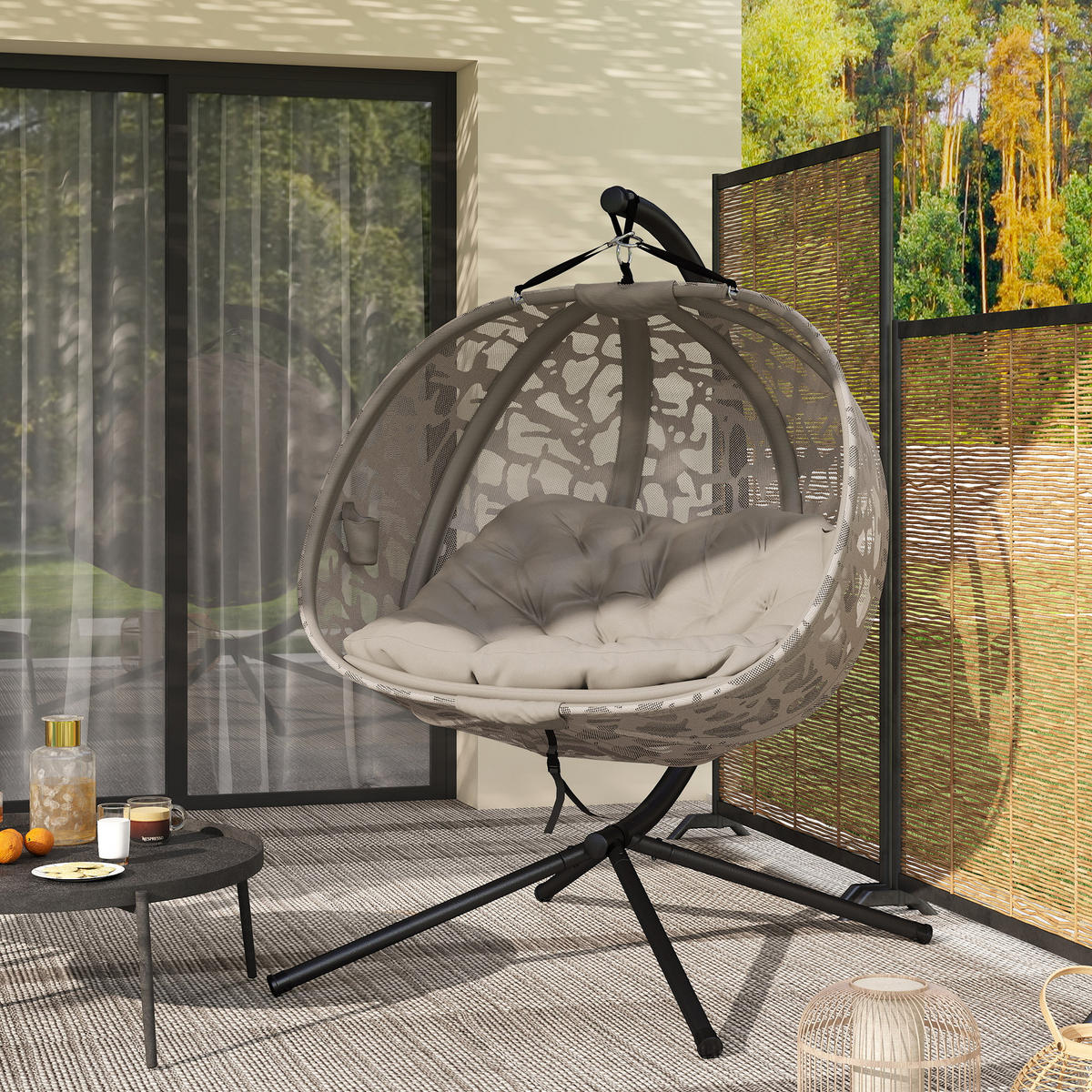 HÄNGESESSEL FÜR 2 PERSONEN DE-07052 klappbarer Sitzkorb, großes Kissen Sand - Sandfarben, Textil/Metall (103/172/130cm) - ComfortXL