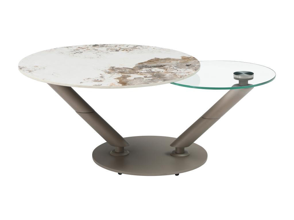 COUCHTISCH mit drehbaren Tischplatten - Keramik, Sicherheitsglas & taupefarbenes Metall - Marmor-Optik Weiß & Grau - ELDOVA - Taupe, Glas (130/80/43cm) - Vente-Unique