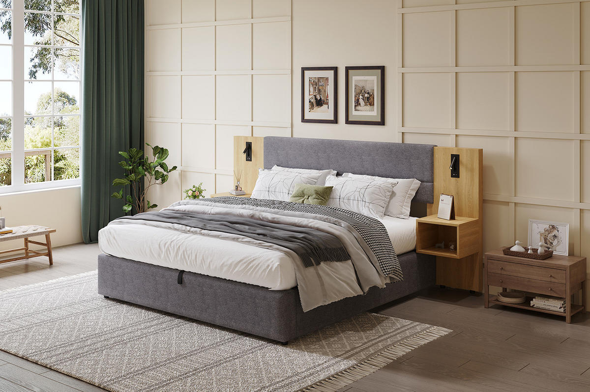 POLSTERBETT 180/200 cm Grau/Natur aus Samt mit Stauraum - Grau, Textil (180/200cm) - OKMYHOME