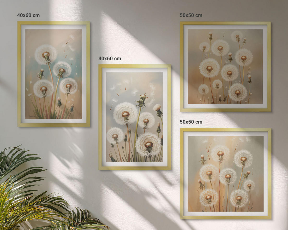 WANDBILDER 4er Set - 50x50 cm & 40x60 cm Goldrahmen - Pastellfarbene Löwenzahnblüten - Goldfarben, Kunststoff (50/50cm) - ArtPrintCave