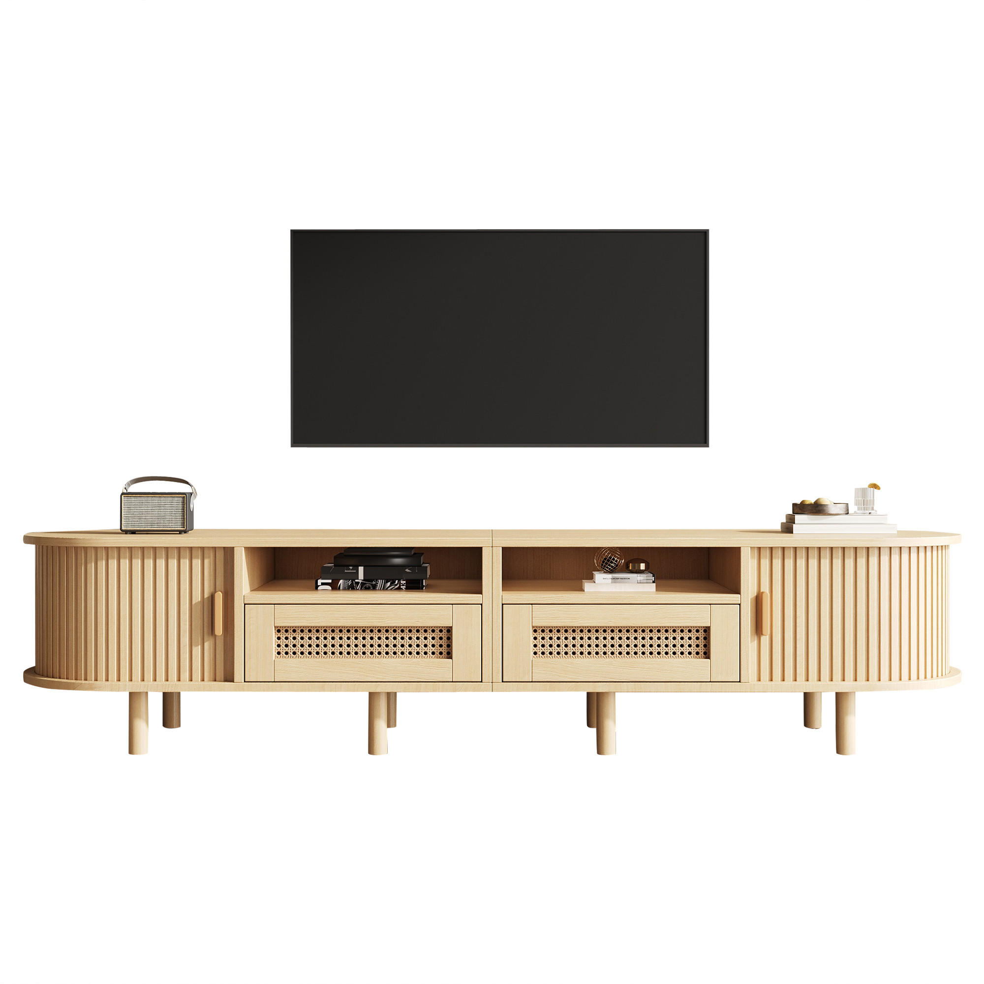 TV-STÄNDER 170/40/40 cm helles Holz MDF mit 2 Rattan Schubladen und 2 Schiebetüren - Naturfarben, Holzwerkstoff (170/40/40cm) - OKWISH