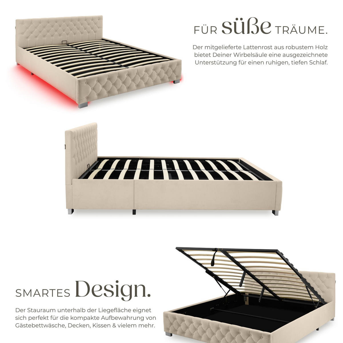 POLSTERBETT Daytona, großer Stauraum, Samtoptik sand - Gelb/Samtahornfarben, Holz (180/200cm) - tectake