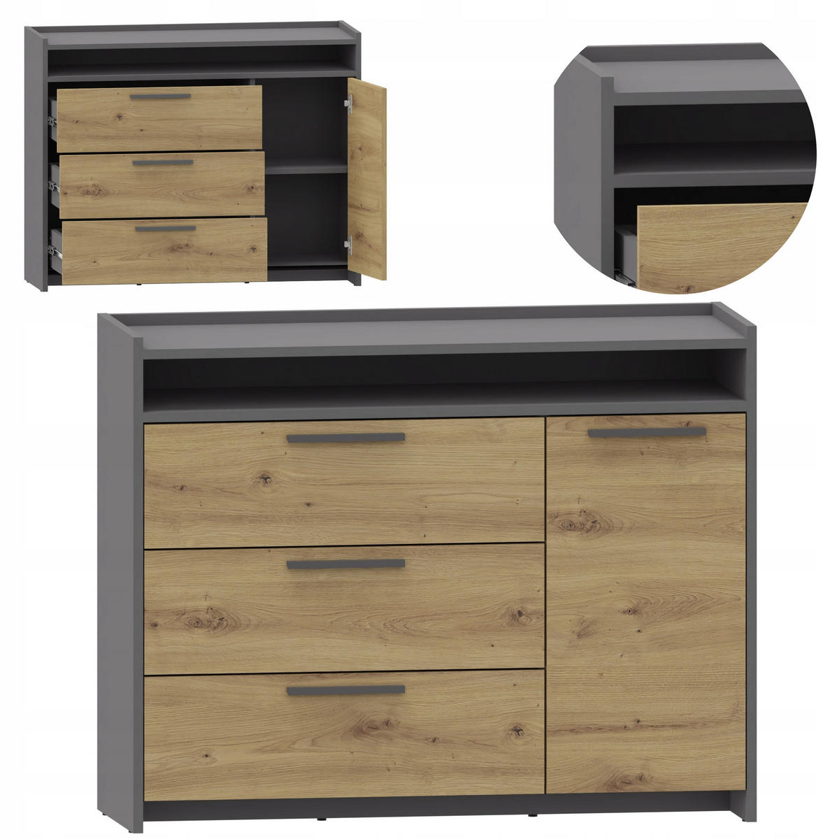 KOMMODE ALTIVO 1D3SWO Anthrazit-Artisan Eiche 101,6/35,9/80,6 cm - Anthrazit/Eiche Artisan, Holzwerkstoff (101.6/80.6/35.9cm) - Matkam Möbel