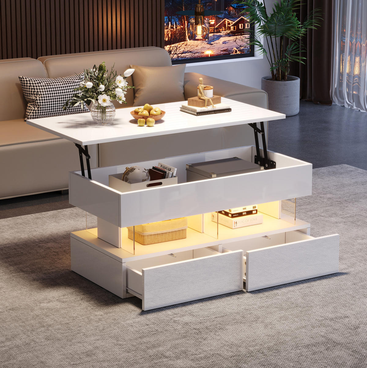 KLUB stolić 100/50/46 cm bijeli od MDF-a i akrila s podiznom pločom i LED osvjetljenjem - bijela, drvni materijal (120/50/46cm) - OKWISH
