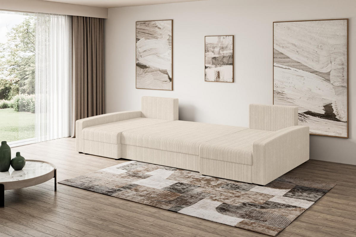 WOHNLANDSCHAFT mit Schlaffunktion und Bettkasten ALESIA-U 301x140x90 cm Beige Cord - Beige/Silberfarben, Holzwerkstoff/Kunststoff (301/90/140cm) - ALTDECOR