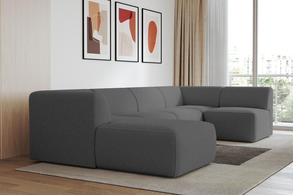 WOHNLANDSCHAFT Ottomane Links MOVA 345x180x78 Grau Bouclé - Schieferfarben/Schwarz, Holzwerkstoff/Kunststoff (180/78/345cm) - ALTDECOR