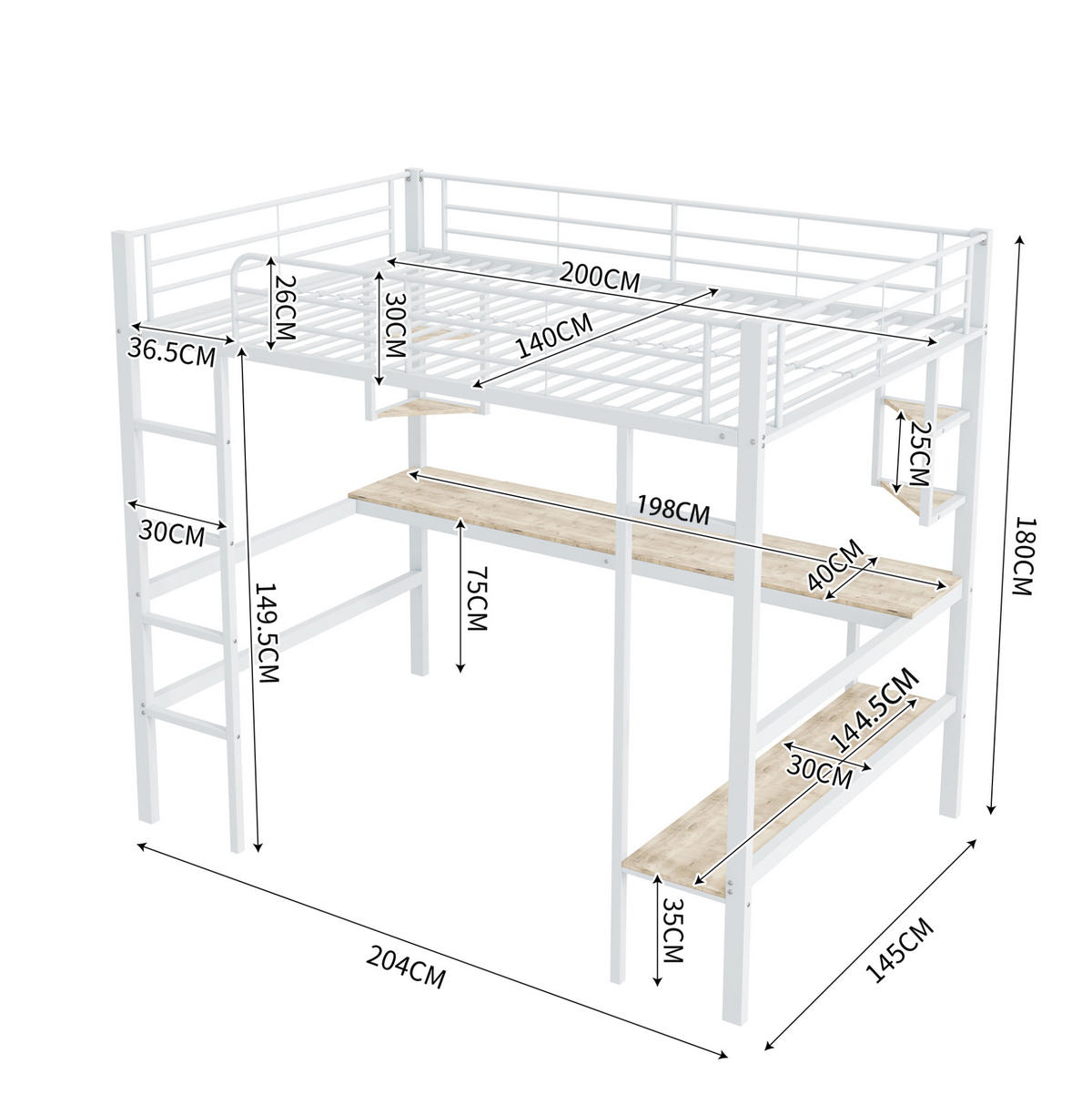 HOCHBETT 140/200 cm Weiß aus Metall und MDF mit Schreibtisch - Weiß, Metall (140/200cm) - OKMYHOME