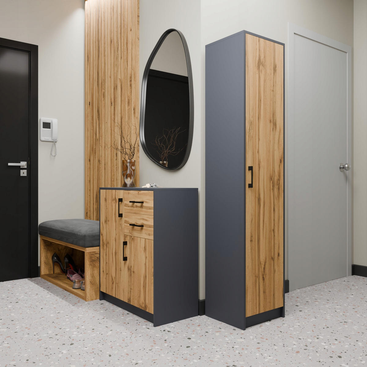 KOMMODE 2-türig Grau-Wotan Eiche 74/35/85 cm mit 2 Schubladen - Anthrazit/Eiche Wotan, Holzwerkstoff (74/85/35cm) - Matkam Möbel