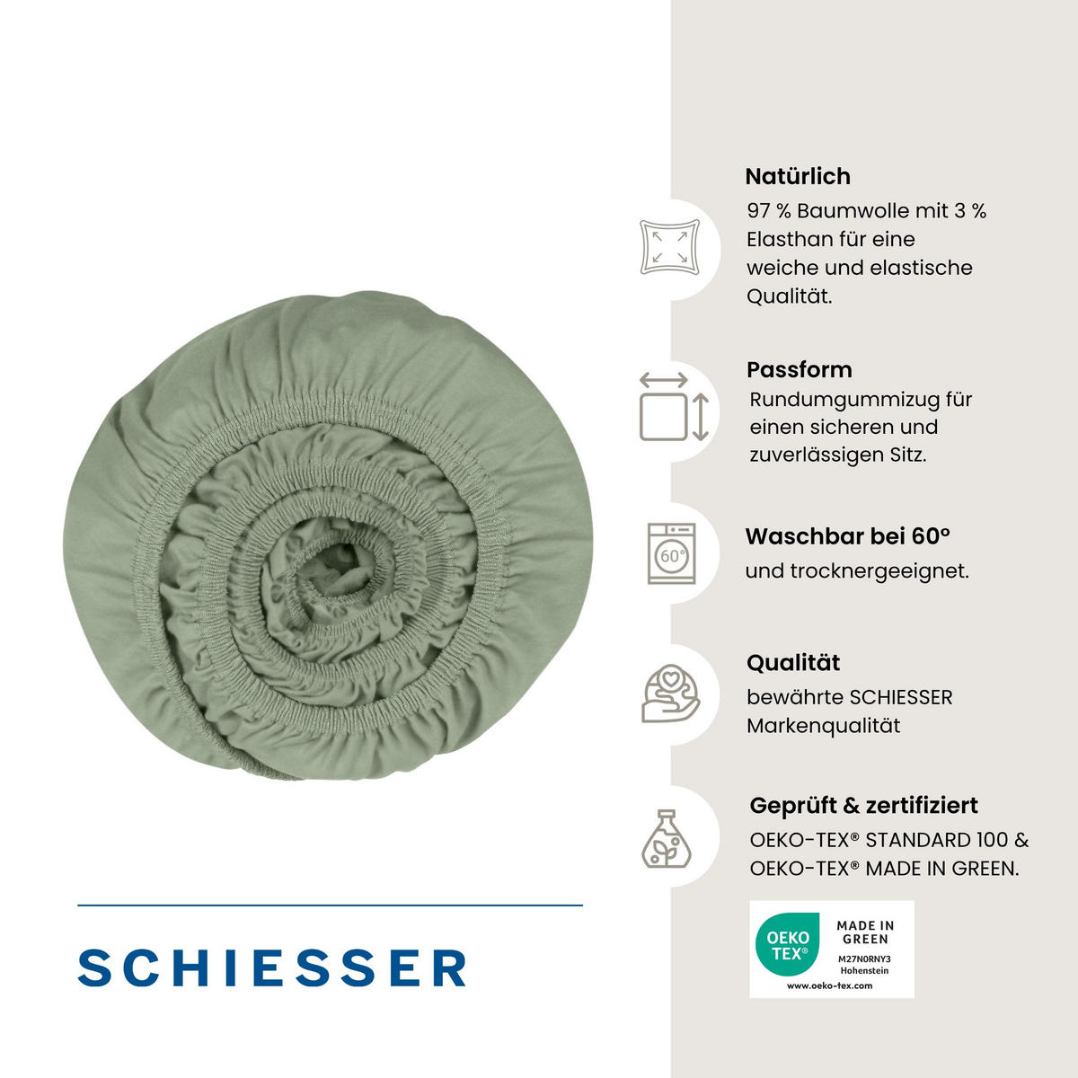 SPANNBETTLAKEN Elli 97 % Baumwolle, 3 % Elasthan 150x200 cm Hellgrün - Hellgrün, Textil (150/200cm) - SCHIESSER