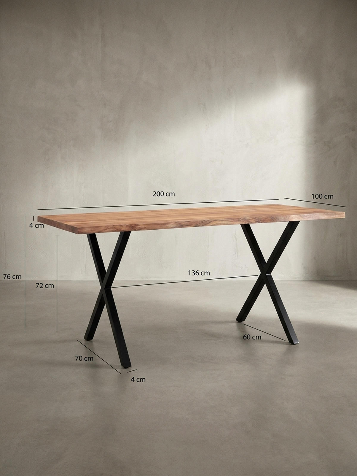 ESSTISCH Massivholz Metall X-Gestell Baumkante Industrial KRETA, Goldbraun-Schwarz 200x100x76 cm - Schwarz/Braun, Holz/Metall (100/200/76cm) - KADIMA DESIGN