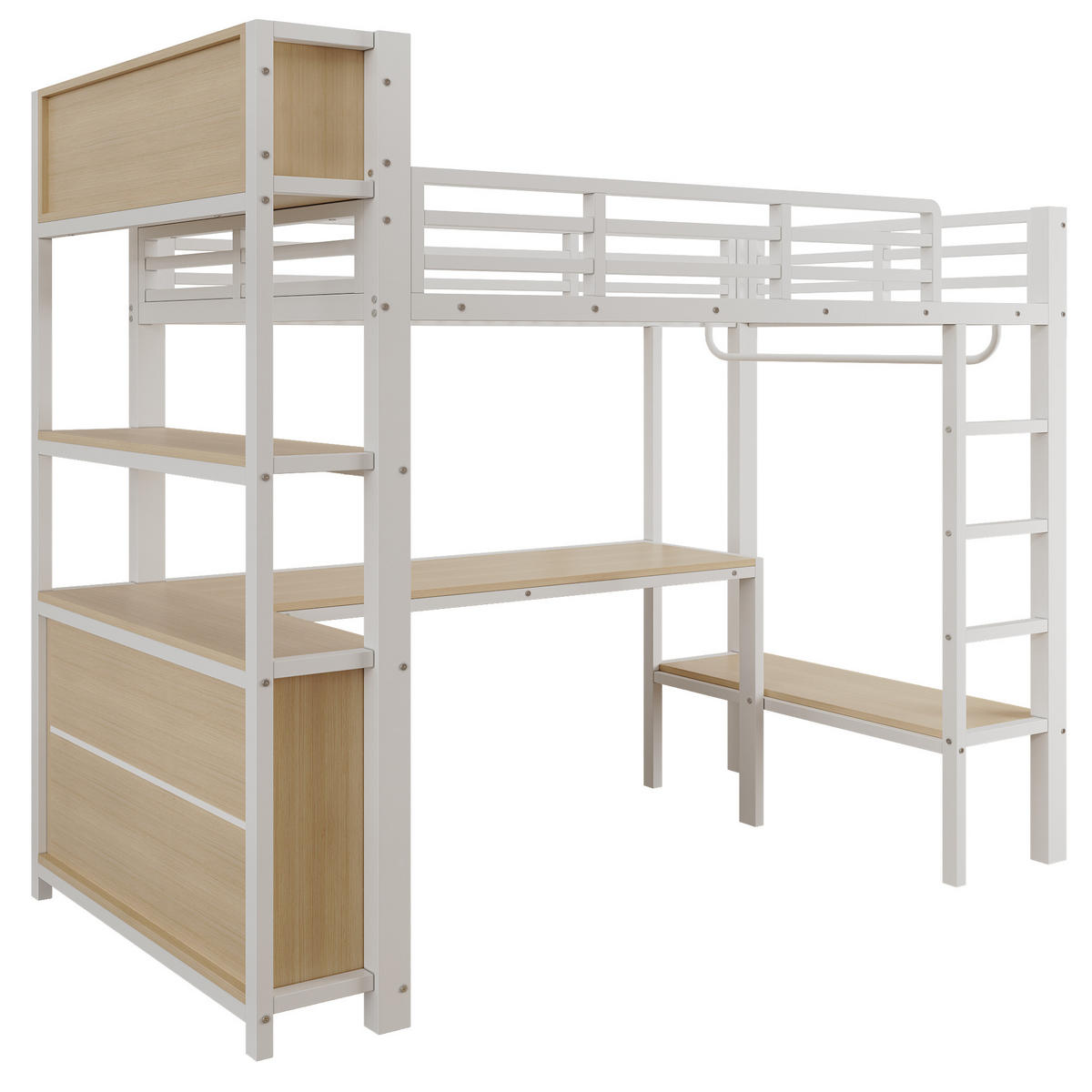 HOCHBETT 90/200 cm Weiß, mit Tisch, Kleiderständer, Regalen und Staufächern - Weiß, Metall