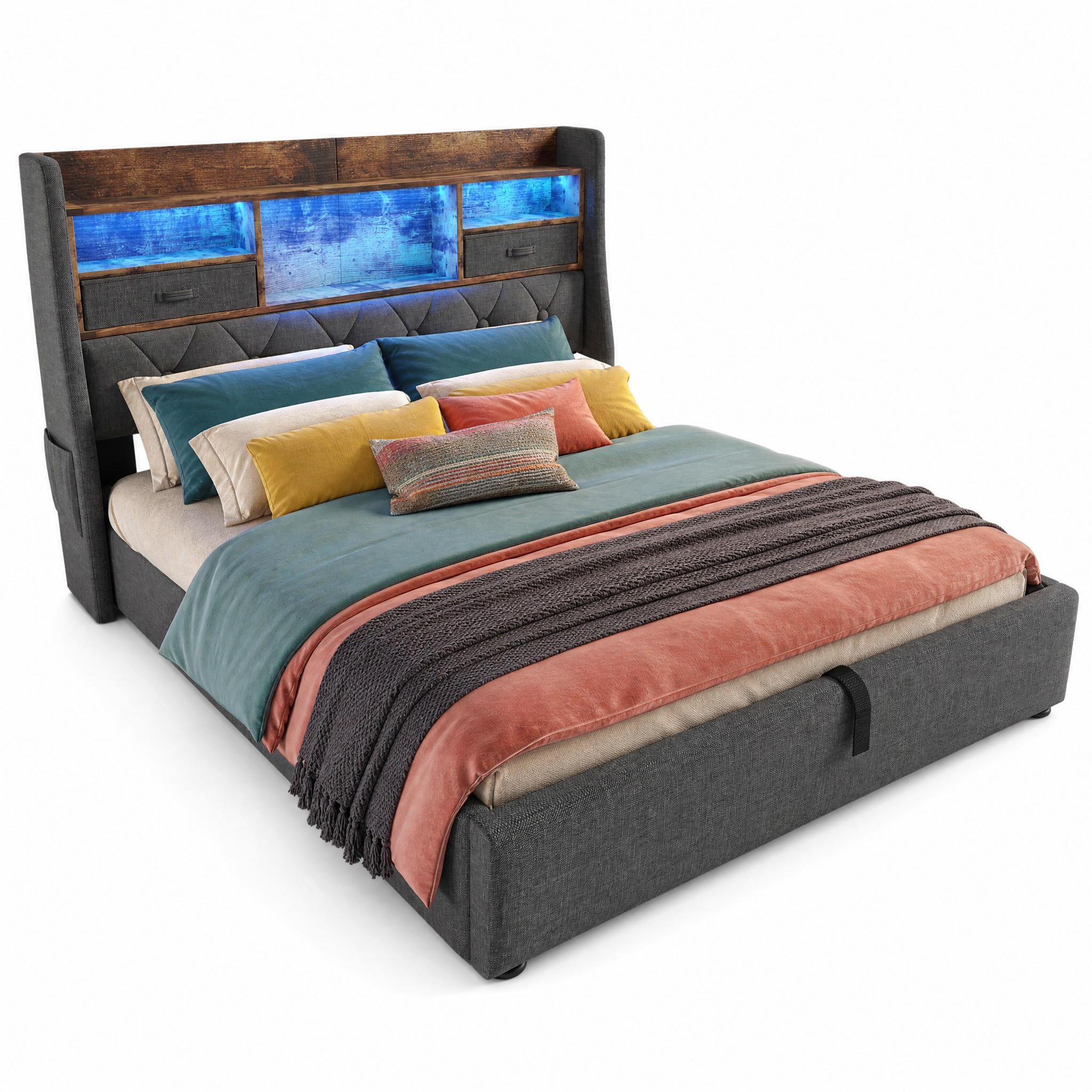 POLSTERBETT 140/200 mit Bettkasten, LED und USB in Grau - Grau, Holzwerkstoff/Textil (140/200cm) - EVRYAE