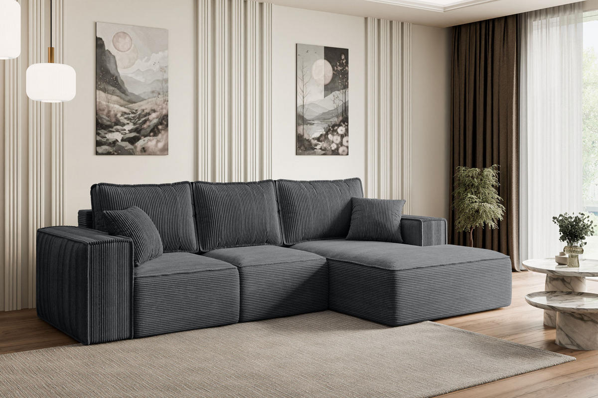ECKSOFA mit Schlaffunktion und Bettkasten SERRA-L-S - 266x161x87 cm Duneklgrau Cord - Dunkelgrau/Schwarz, Holzwerkstoff/Kunststoff (266/161cm) - ALTDECOR