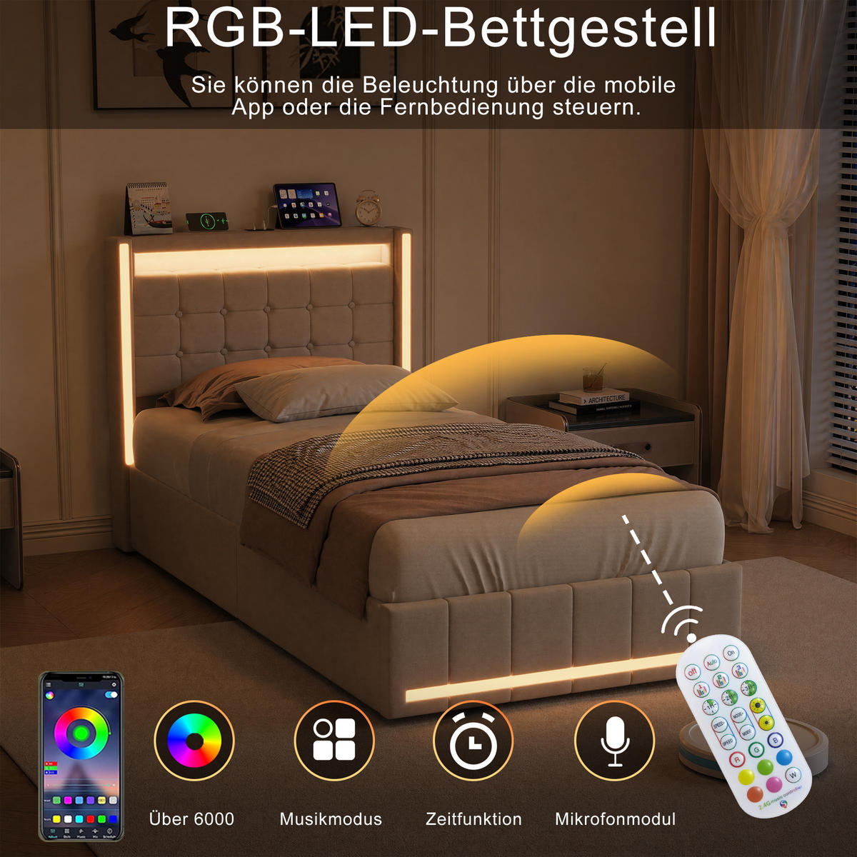 POLSTERBETT 90x200 cm Beige mit LED, Stauraum-Kopfteil & 2 Schubladen - Beige, Holz (90/200cm)
