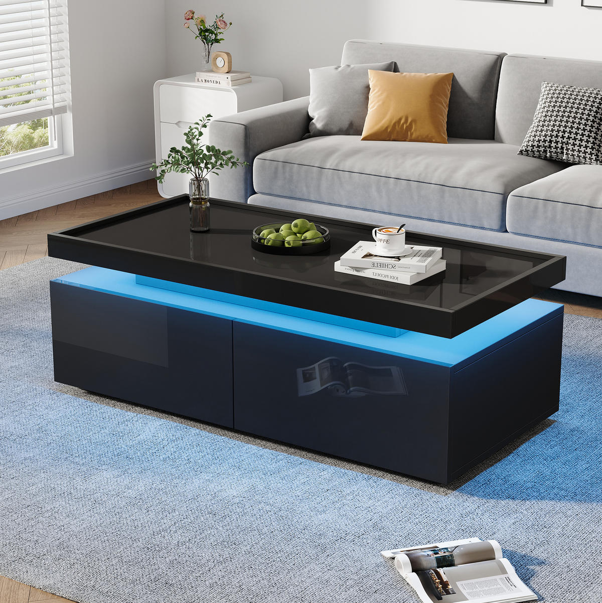 COUCHTISCH mit LED 95 x 45 x 35 cm Schwarz 2 Schubladen - Schwarz, Holzwerkstoff (95/45/35cm) - Meubliv