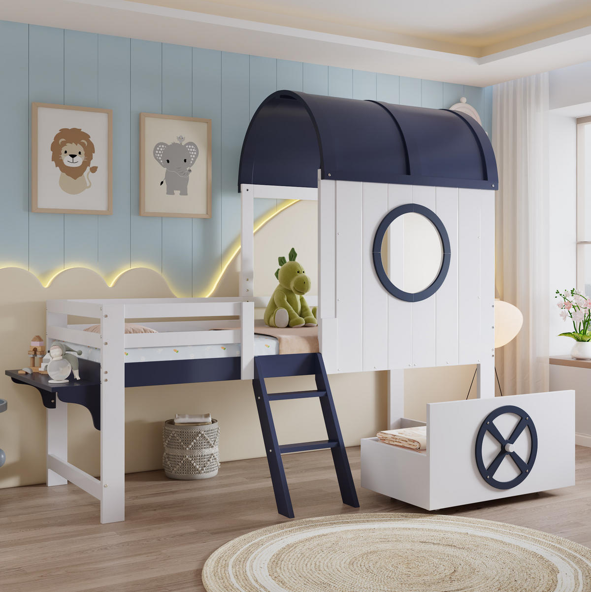 ETAGENBETT 90/200 cm Weiß+Dunkelblau mit Dach und Fenster aus Kiefer und MDF - Weiß, Holzwerkstoff (90/200cm) - OKWISH