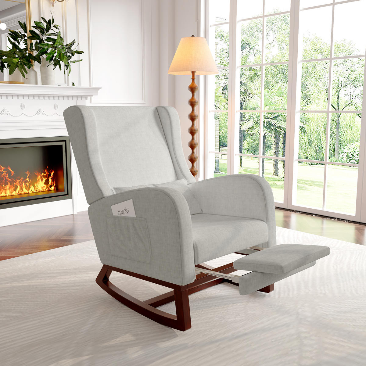 SCHAUKELSTUHL Grau mit Holzbeinen und Seitentaschen,Relaxstuhl für Wohnzimmer - Grau, Holz/Textil (64/99/67cm) - PARAFTA HOME